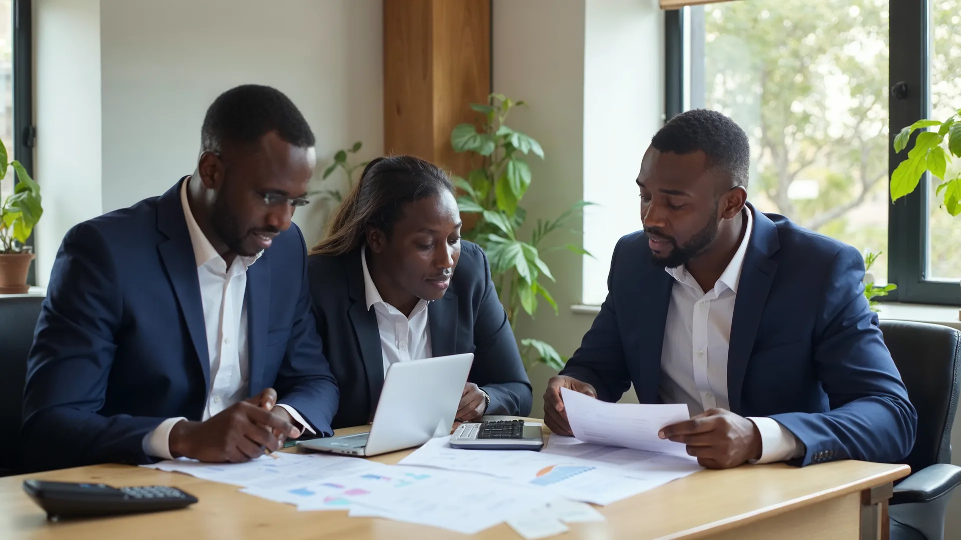 Comptables d'un cabinet d'expertise comptable à Dakar vérifiant des états financiers au bureau
