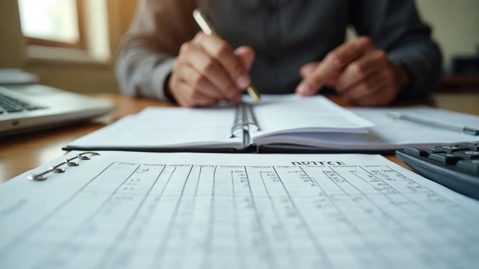 Tenue de comptabilité à Dakar : grand livre, factures fournisseurs et calculatrice sur le bureau du comptable